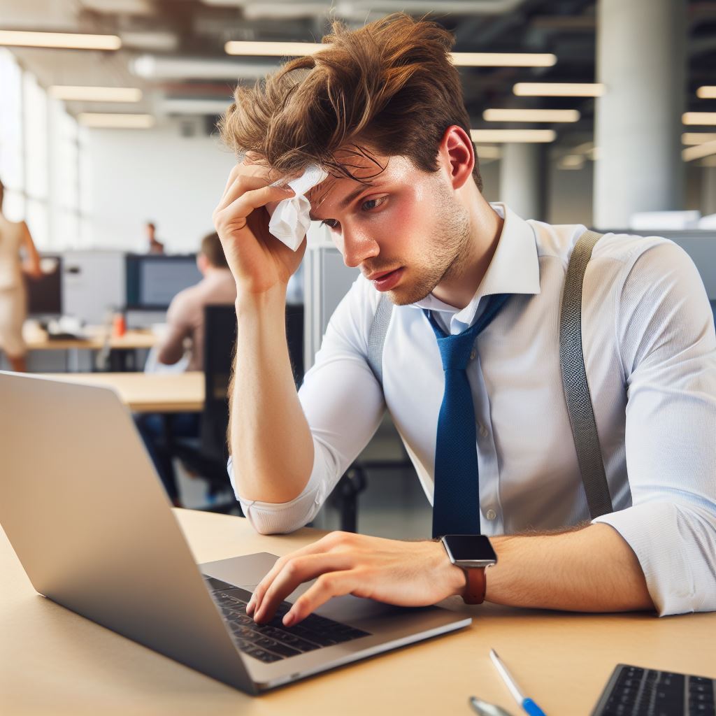 Young man sweating from anxiety at wor